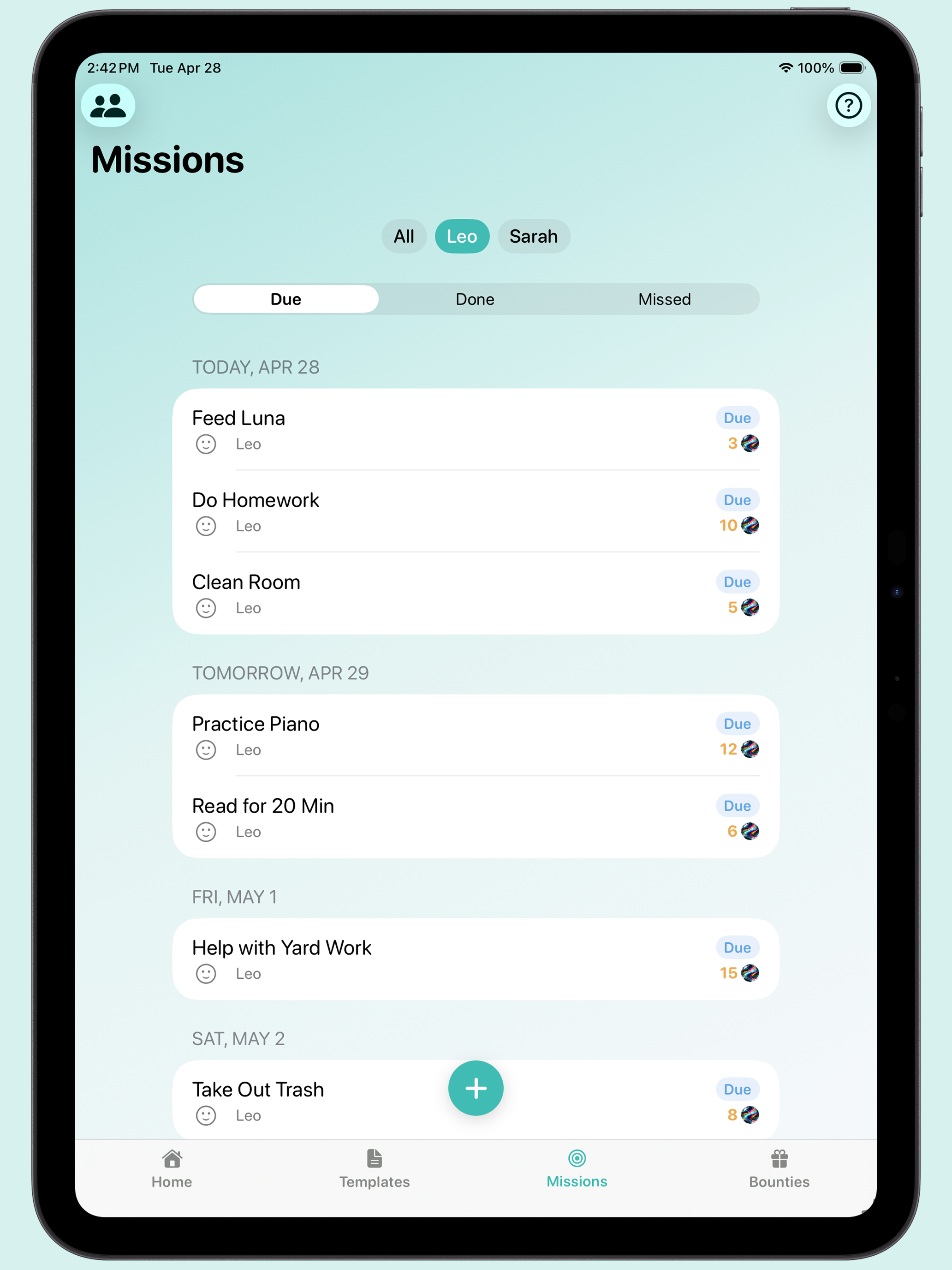 Mission List on iPad